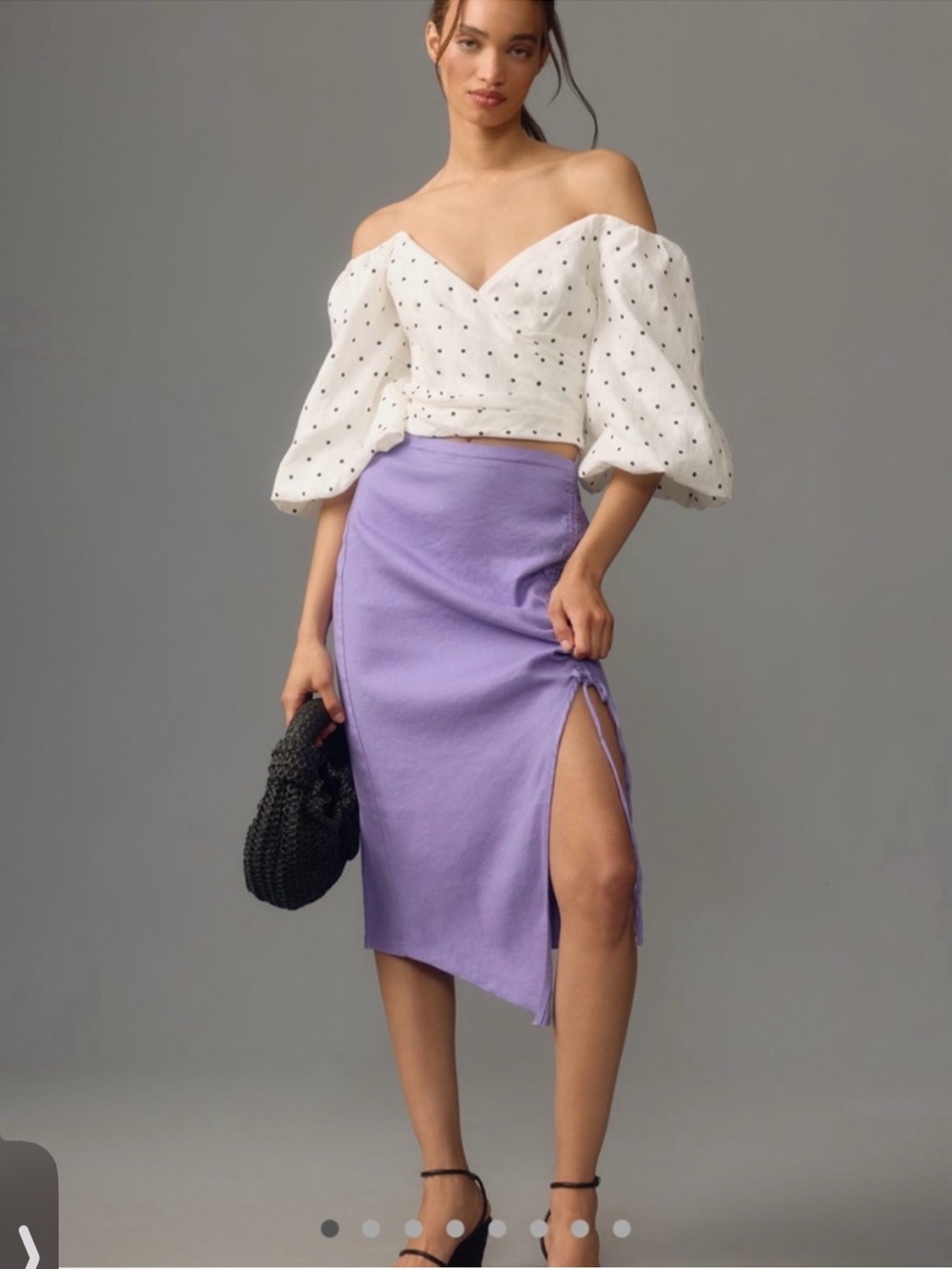 By Anthropologie Ruched Side-Slit‎ Linen Midi Skirt